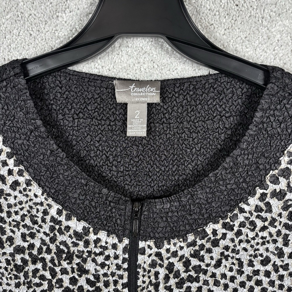 Chicos Travelers Jacket Coat Stretch Full Zip Textured M L 2 Womens Black White